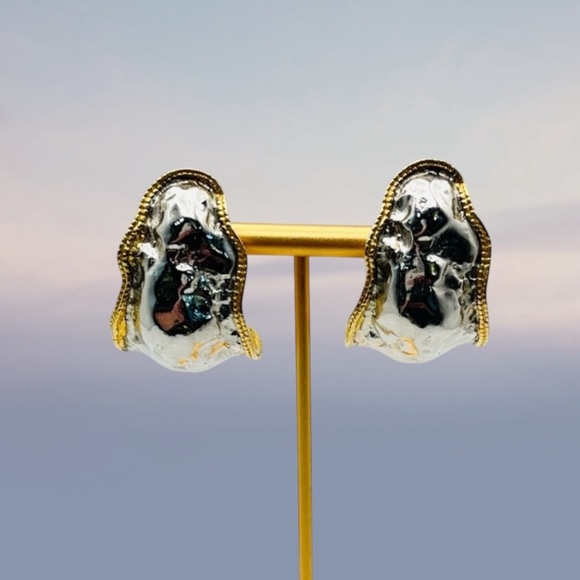 Vintage Jewelry - Bold Vintage Mixed Metal Molten Statement Clip Earrings Runway Avant Garde